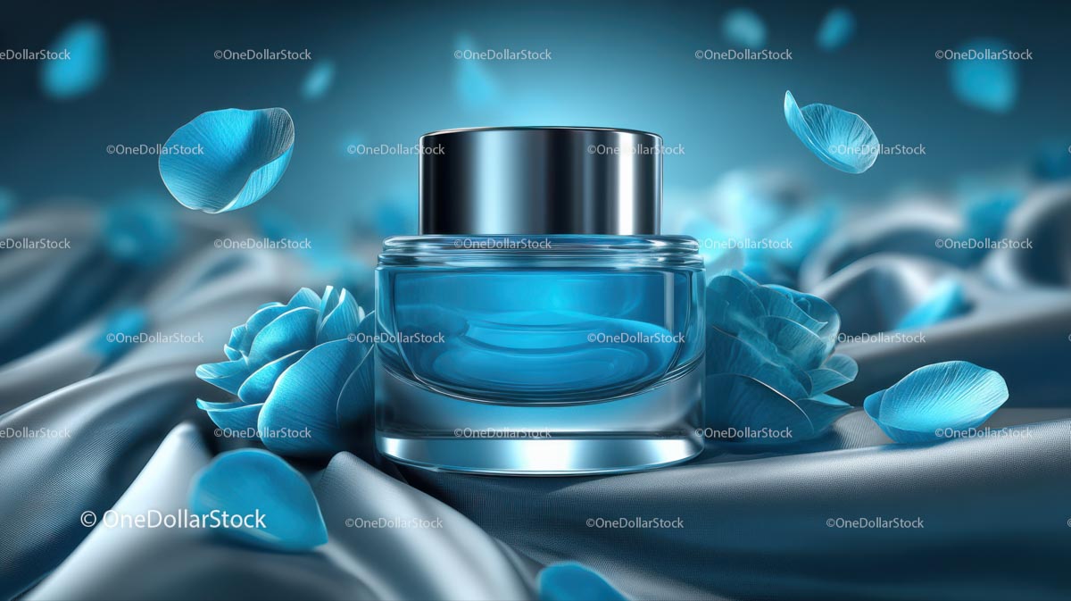 Elegant Blue Cosmetic Jar Among Delicate Petals