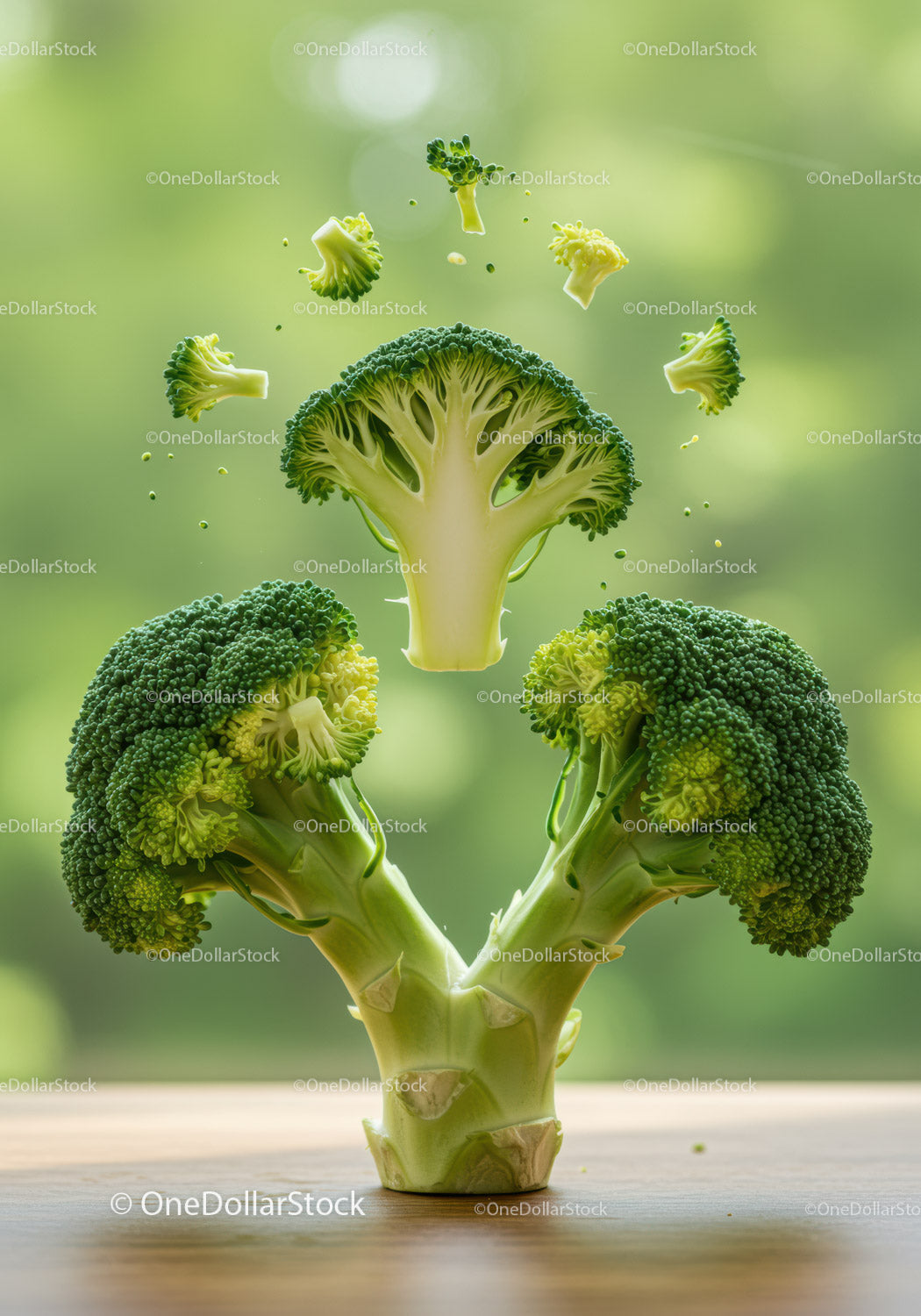 Fresh broccoli florets floating on wooden surface