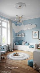 Bright Cozy Children's Bedroom with Cloud Wall Art and Wooden Floor