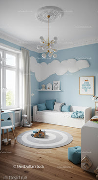 Bright Cozy Children's Bedroom with Cloud Wall Art and Wooden Floor