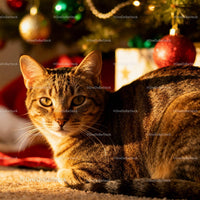 Tabby cat relaxing near decorated Christmas tree