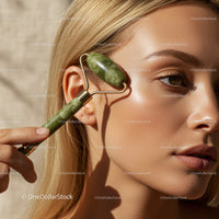 Elegant Woman Using Jade Facial Roller for Skin Rejuvenation