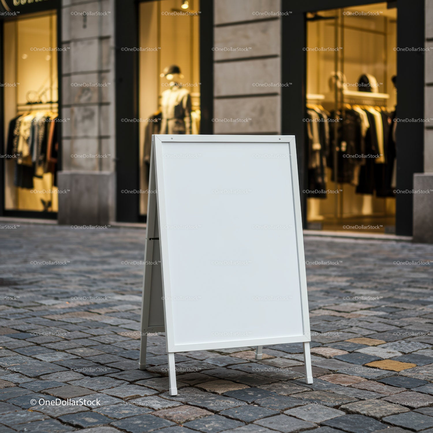 Blank White Sandwich Board on Urban Cobblestone Street