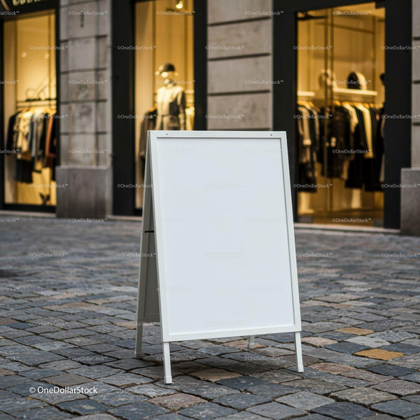 Blank White Sandwich Board on Urban Cobblestone Street JPG Mockup Image