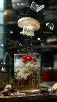 Frosty Cocktail with Floating Jellyfish and Cherries in a Glass