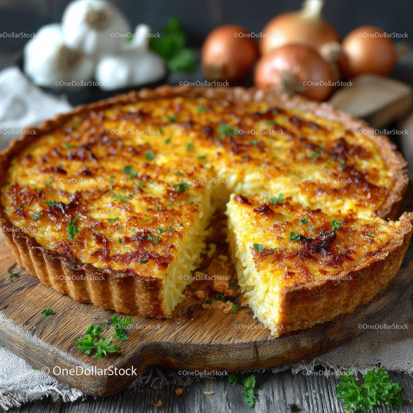 Cheese Quiche with Golden Crust and Fresh Herbs on Wooden Board
