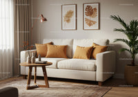 Cozy beige sofa with warm earth tone cushions