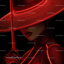 Futuristic Samurai in Neon Red Armor Holding Umbrella