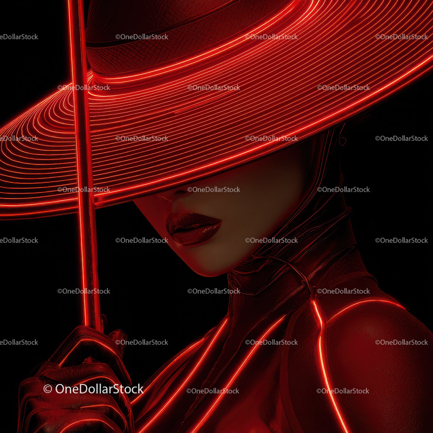 Futuristic Samurai in Neon Red Armor Holding Umbrella