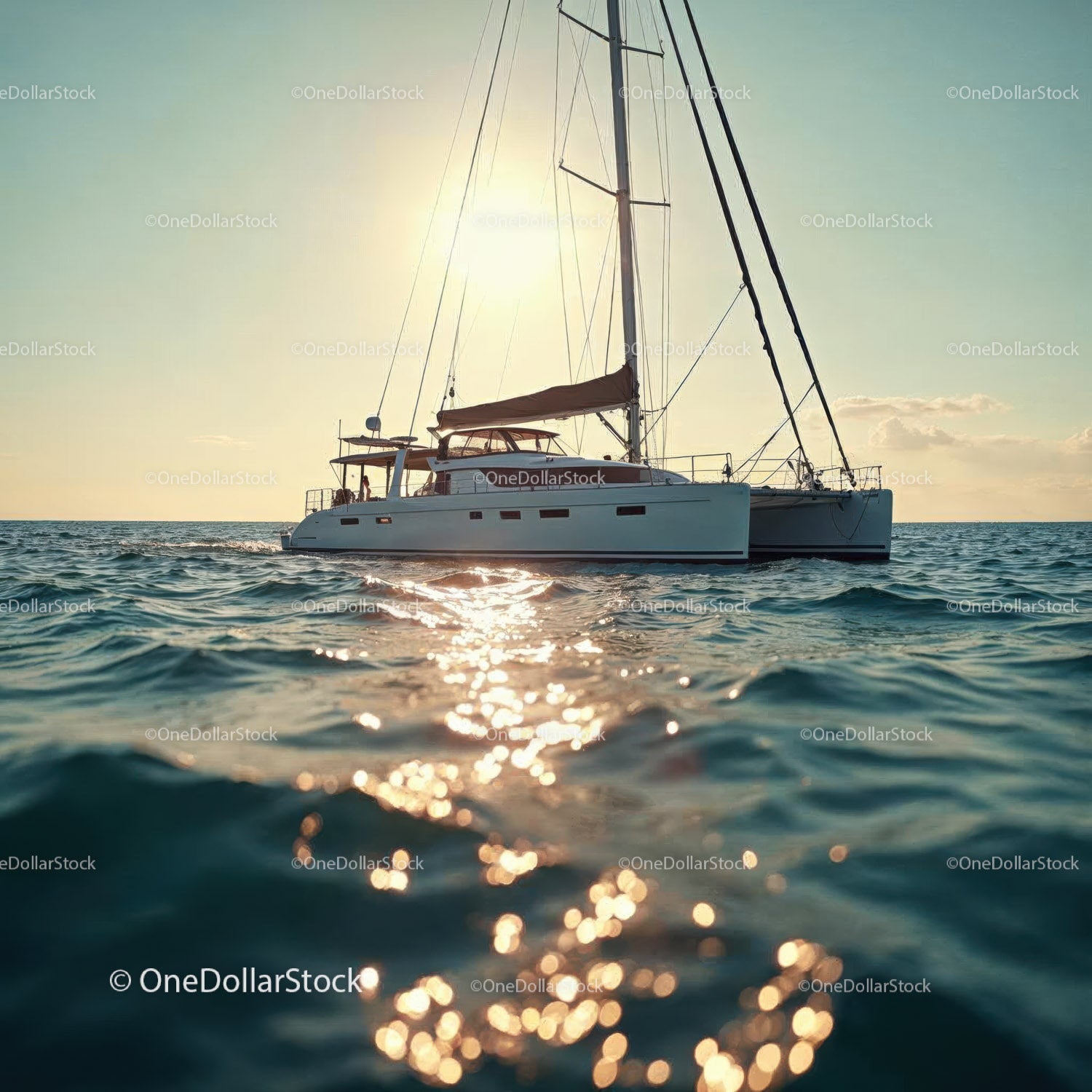Elegant Luxury Sailboat Gliding on Calm Blue Ocean at Sunset