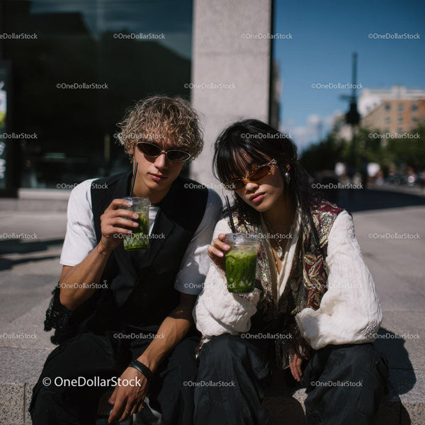 Young Trendy Couple Sitting Outdoors Relaxing with Green Drinks