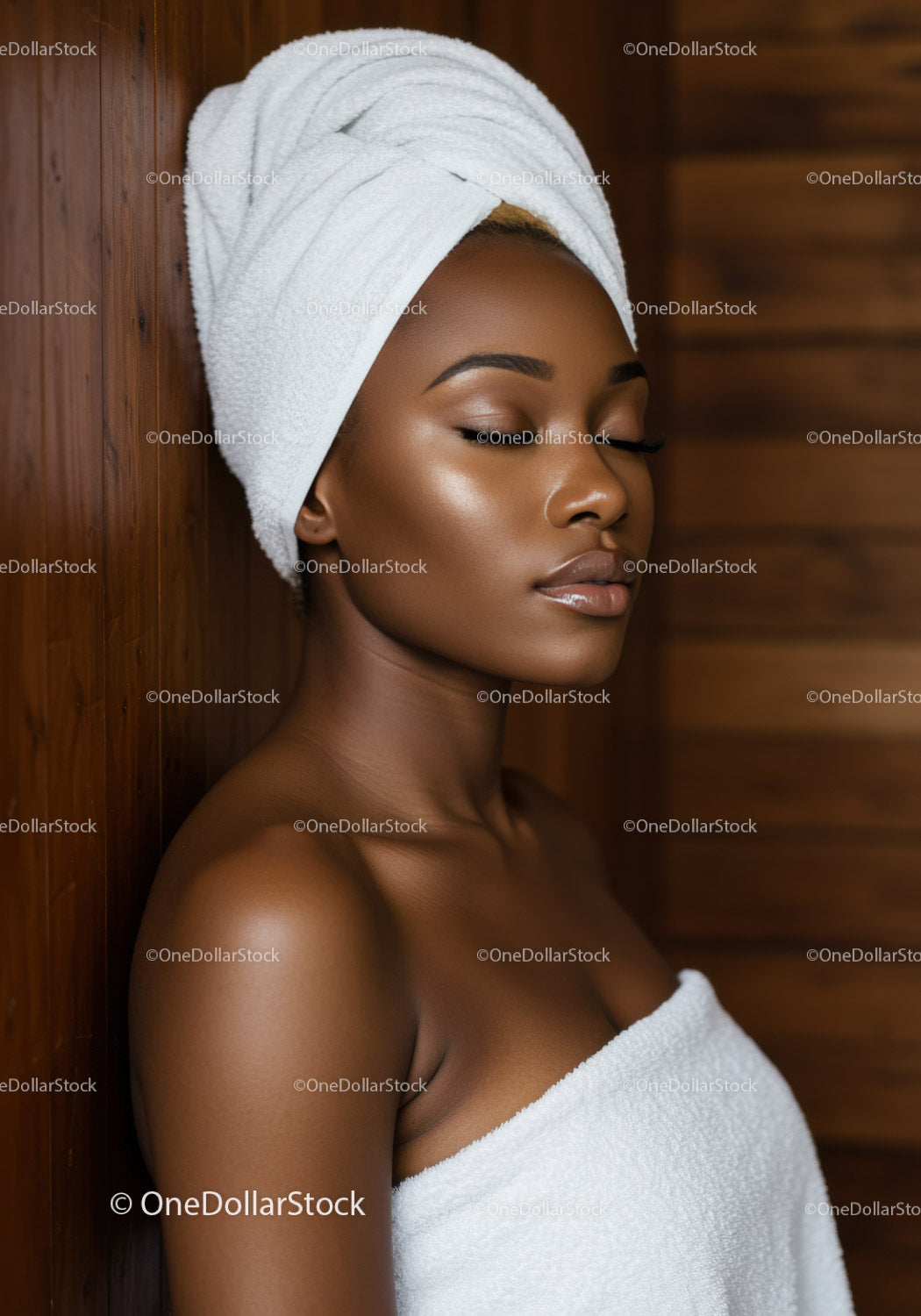 Elegant Dark-Skinned Woman Relaxing with Towel and Spa Treatment