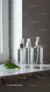 Clear spray bottles with fresh green leaf on marble surface