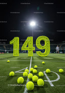 Number 149 made of tennis balls on illuminated court