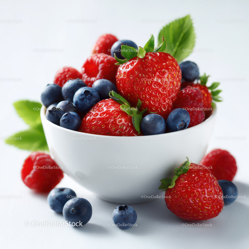 Colorful Mixed Berries in a White Bowl with Fresh Green Leaves
