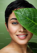 Close-up of Woman with Short Black Hair and Green Leaf with Water Droplets