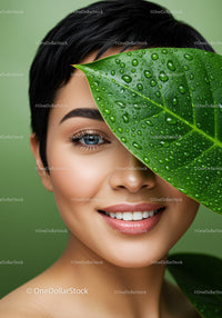 Close-up of Woman with Short Black Hair and Green Leaf with Water Droplets