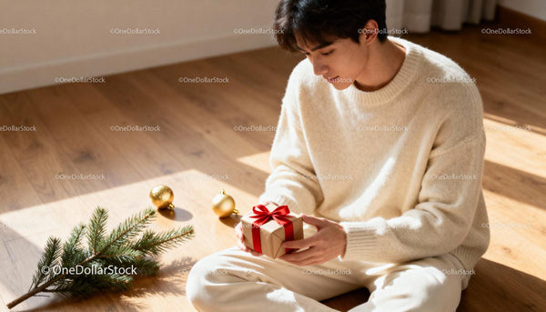 Young man holding gift box with holiday decorations
