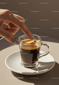 Hand with striped nails touching crema of espresso cup