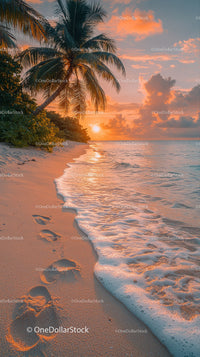 Tropical Beach Sunset Scene with Palm Trees and Gentle Waves