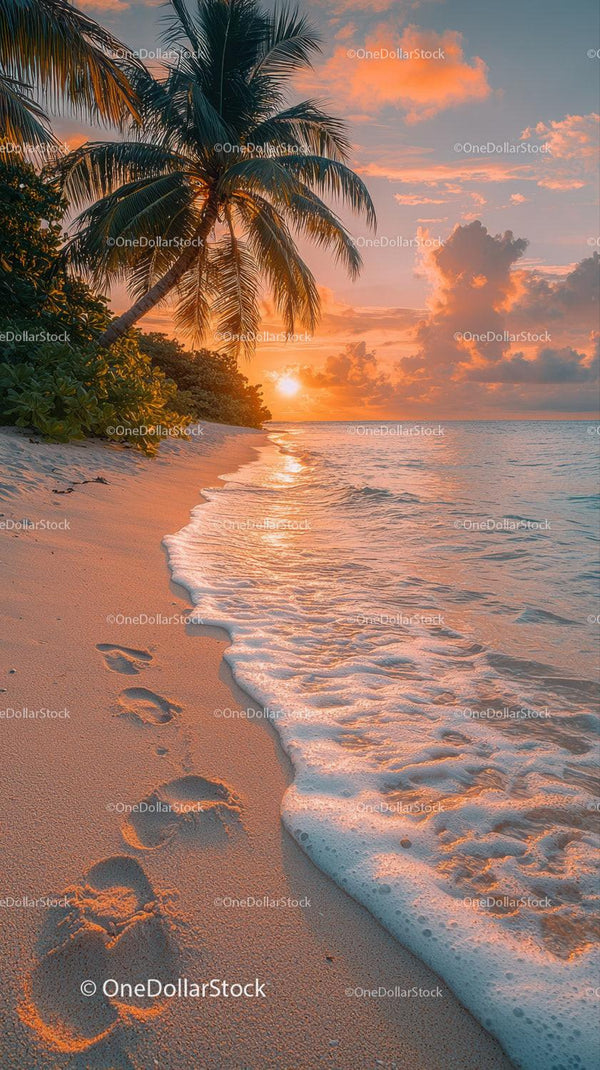 Tropical Beach Sunset Scene with Palm Trees and Gentle Waves