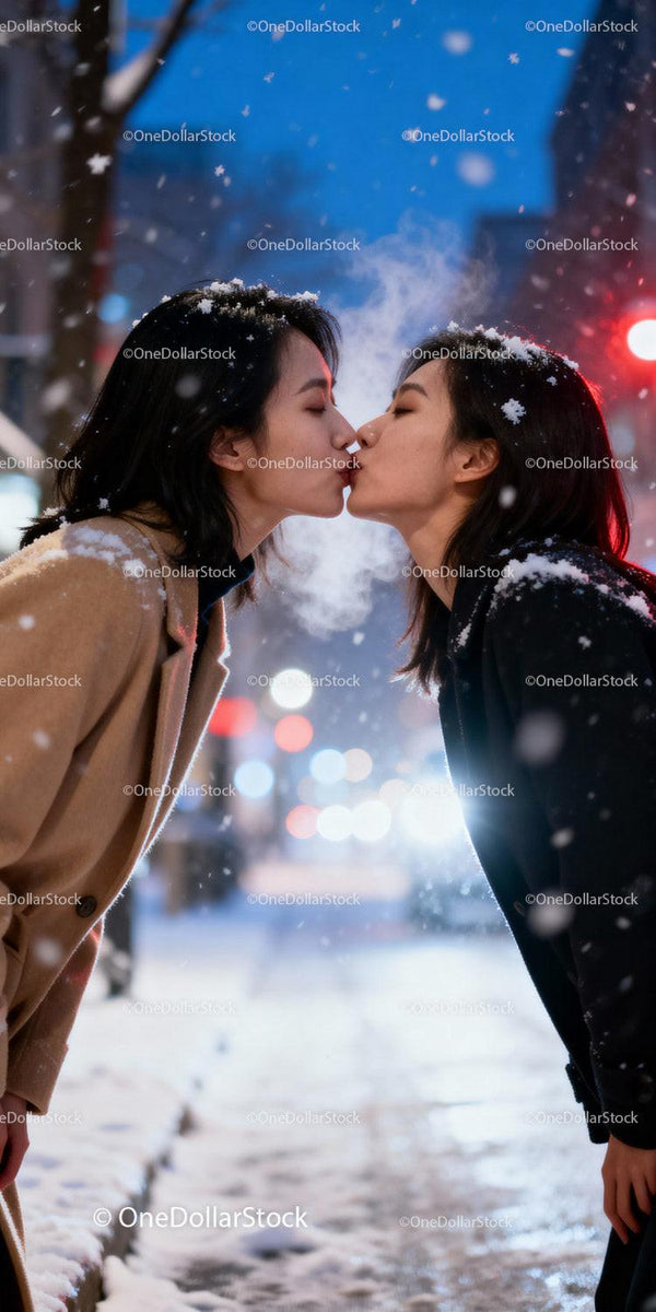 Couple sharing a tender kiss on a snowy winter night