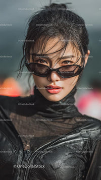 Confident Young Woman in Stylish Black Outfit and Sunglasses