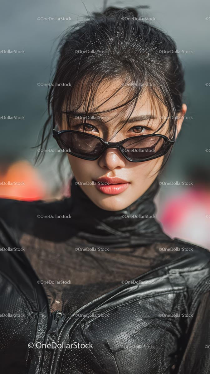 Confident Young Woman in Stylish Black Outfit and Sunglasses