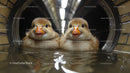 Two Ducklings Swimming in Waterway with Brick Tunnel Background
