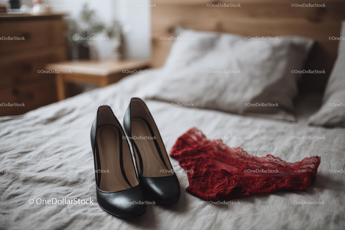 Chic Black Heels and a Red Lace Dress in a Cozy Bedroom Setting