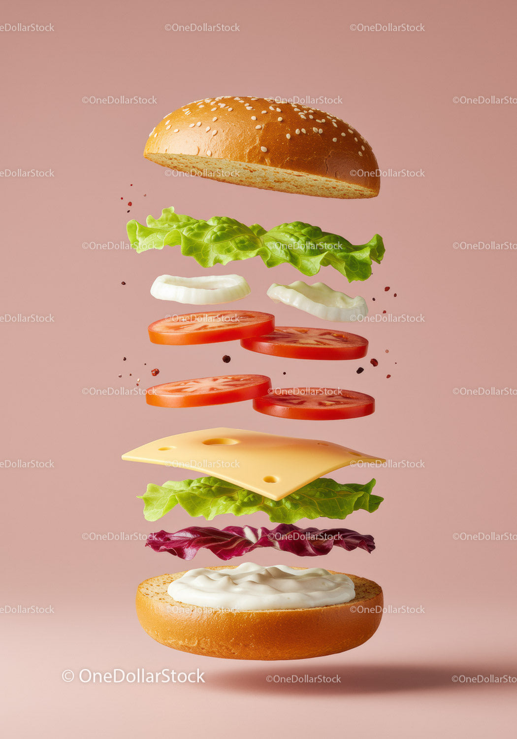 Floating Fresh Veggie and Cheese Burger Ingredients