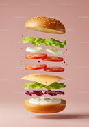 Floating Fresh Veggie and Cheese Burger Ingredients