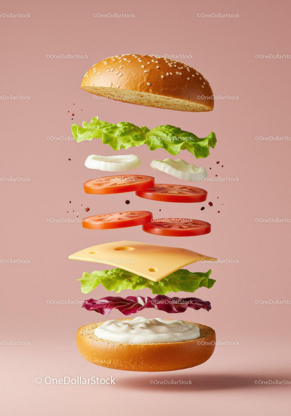 Floating Fresh Veggie and Cheese Burger Ingredients