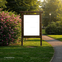 Blank wooden board in green park with blooming roses