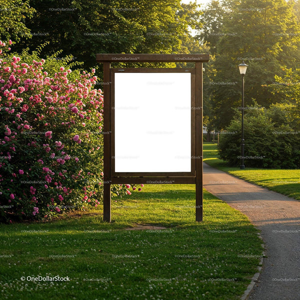 Blank wooden board in green park with blooming roses JPG Mockup Image