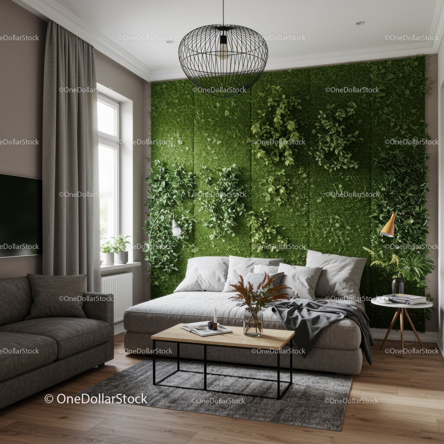 Nowoczesny salon ze ścianą z zielonego mchu i wygodną sofą