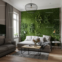 Modern Living Room with Green Moss Wall and Cozy Sofa
