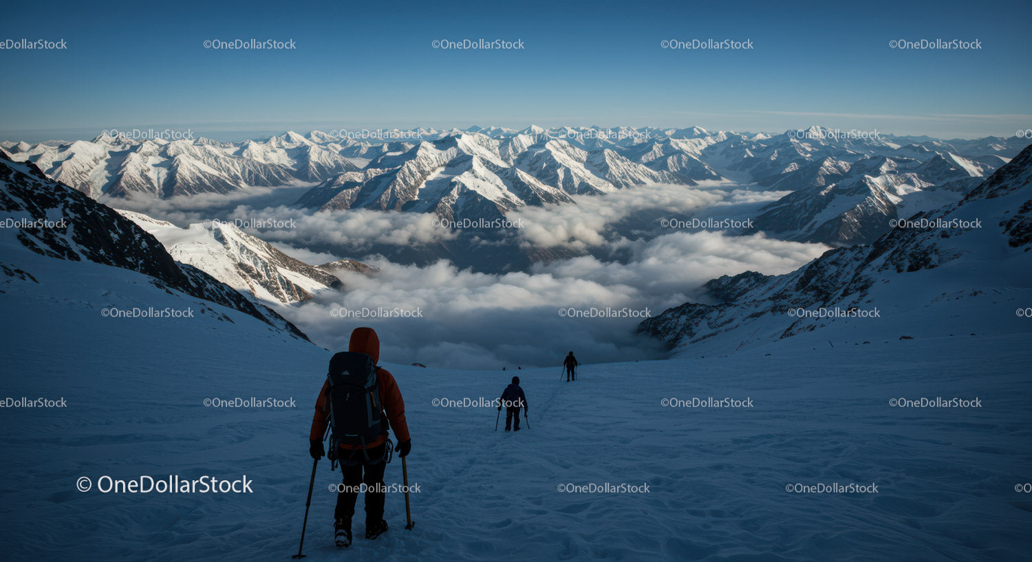Snowy Mountain Range with Hikers Trekking Through Alpine Scenery
