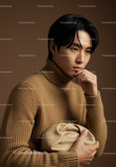 Contemplative Young Man in Tan Sweater with Stylish Fashion Portrait