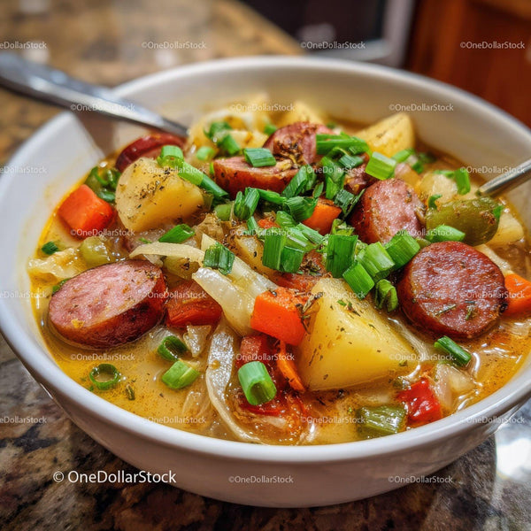 Hearty Sausage and Vegetable Stew with Potatoes and Green Onions