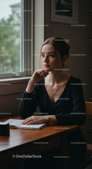 Young Woman with contemplative expression sitting by window in modern interior