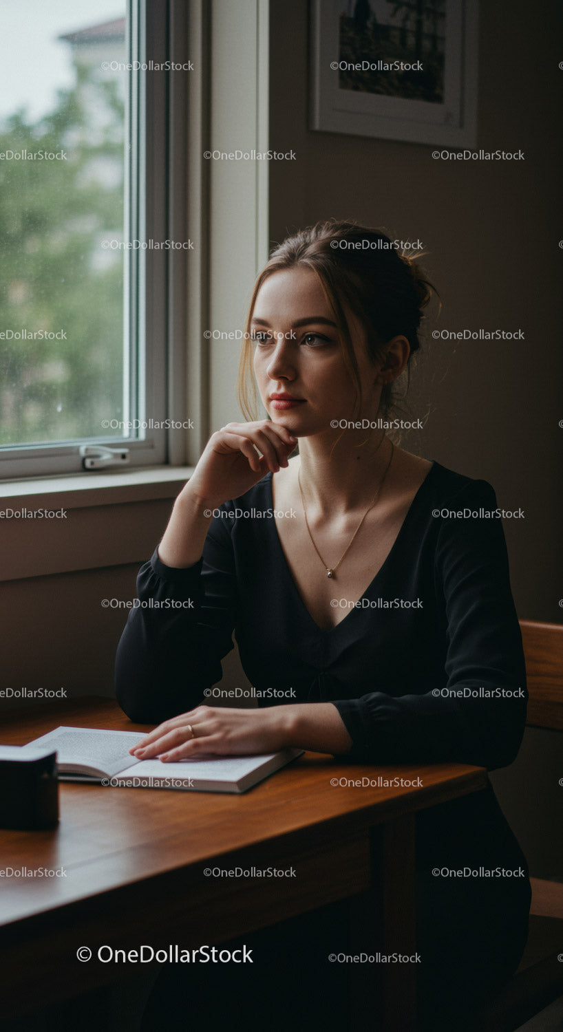 Young Woman with contemplative expression sitting by window in modern interior