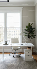 Bright Modern Home Office with White Desk and Indoor Plant