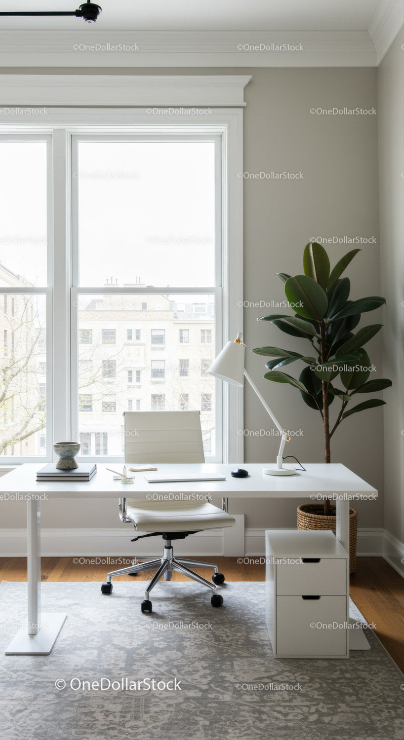 Bright Modern Home Office with White Desk and Indoor Plant