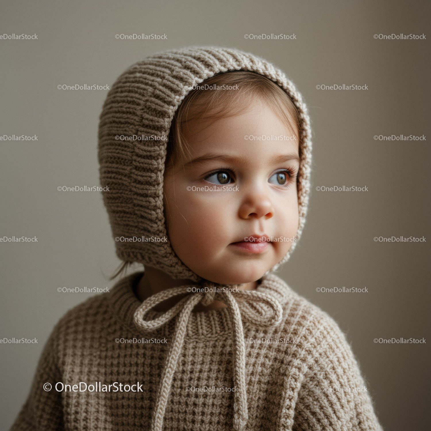 Thoughtful toddler in knitted bonnet and sweater