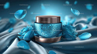 Elegant Blue Cosmetic Jar Among Delicate Petals