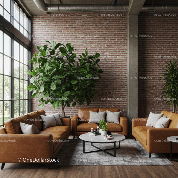 Stylish Modern Living Room with Leather Sofas and Indoor Plants