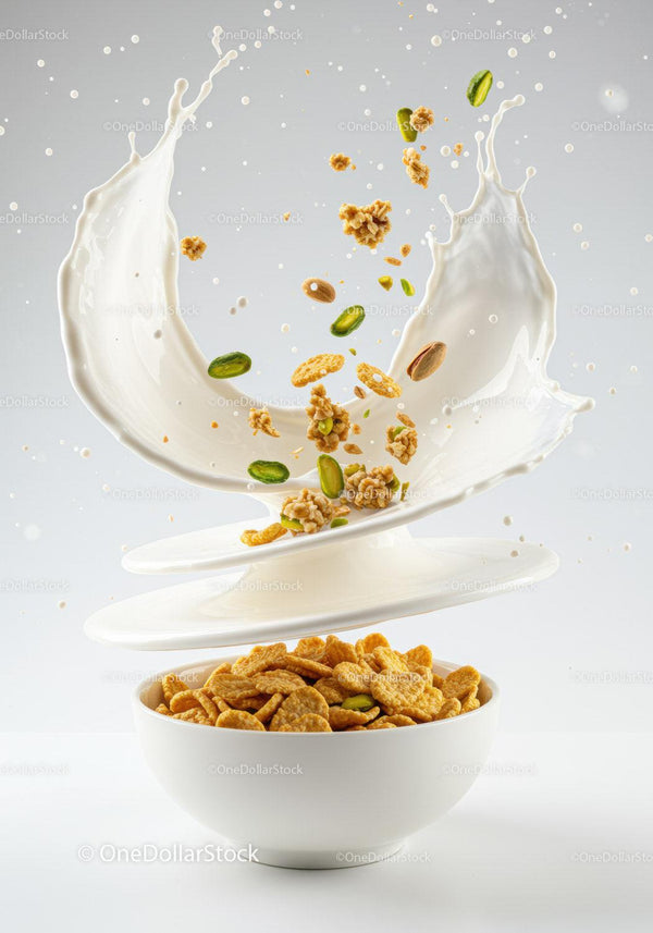 Crunchy cereal with nuts and milk splash in bowl