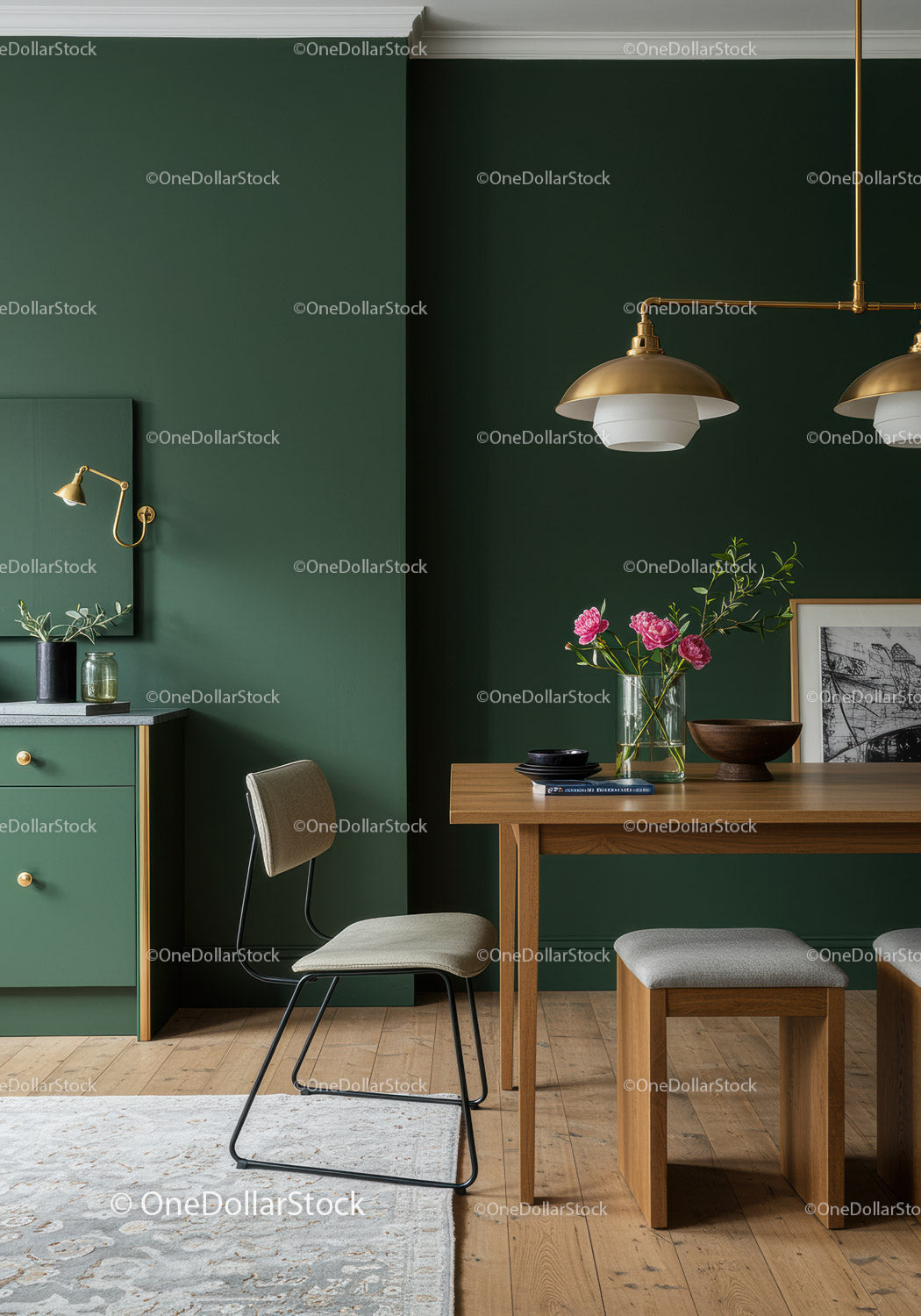 Stylish Modern Dining Room with Green Walls and Wooden Furniture
