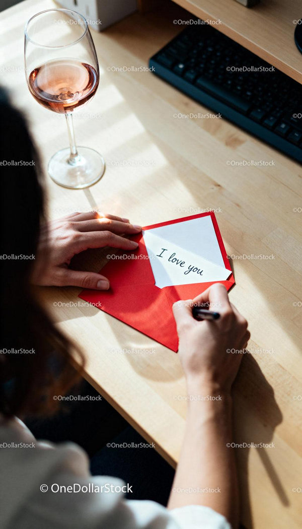 Writing a heartfelt love note with wine on desk